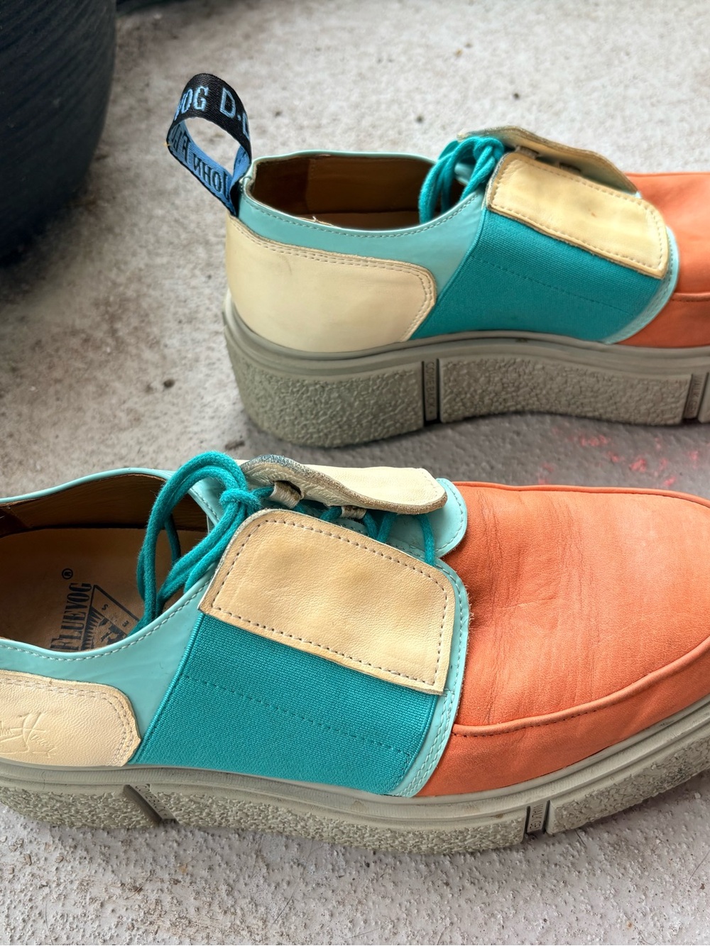 John Fluevog Teal Orange Cream Colorblock Sneakers